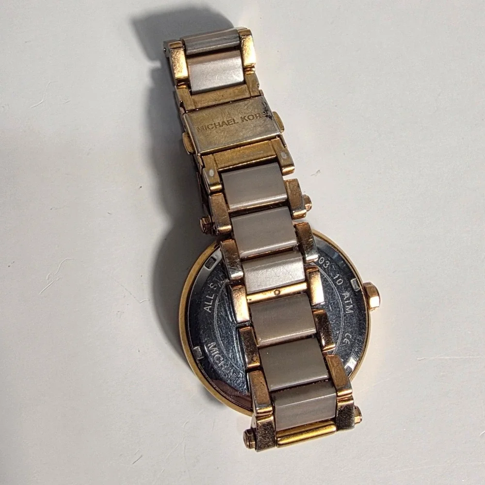 Michael Kors MK-6176 Parker Rose Gold Tone Crystal Pave Logo Dial Watch Womens
